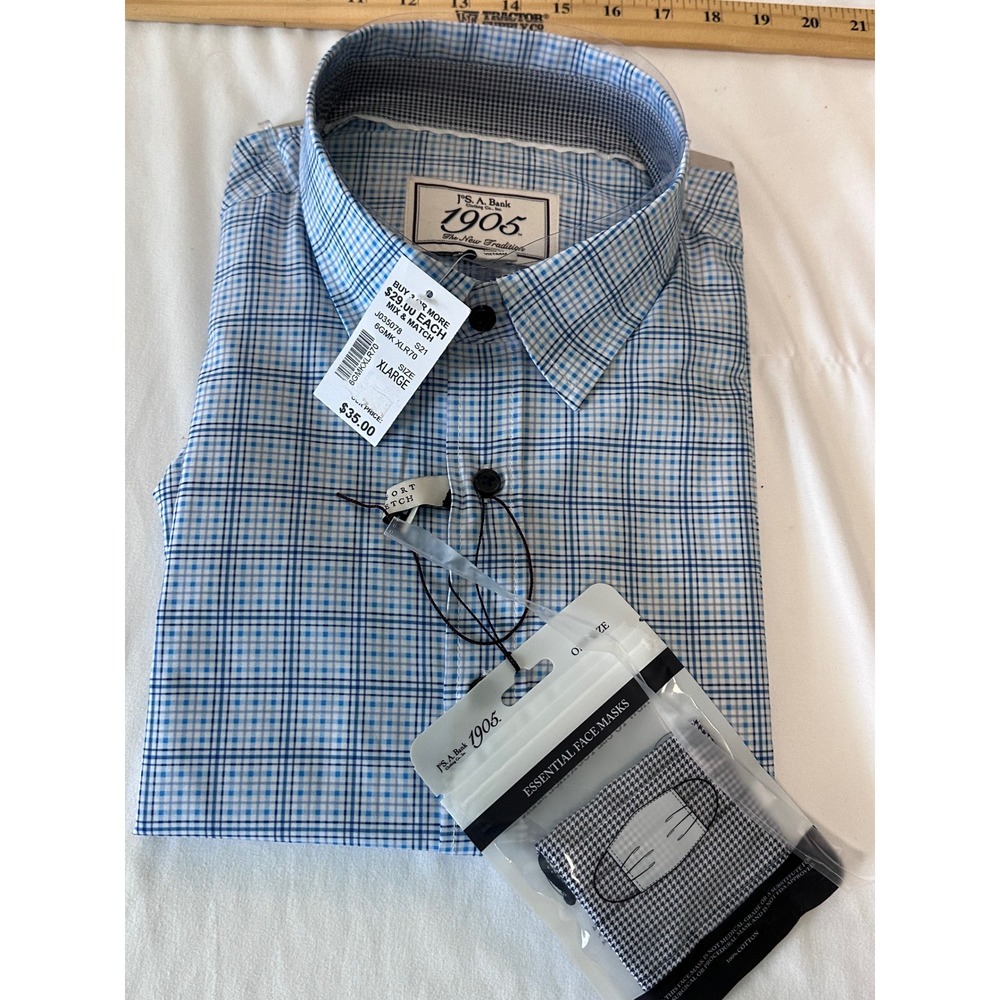 Jos. A. Bank 1905 Men's XL Blue Plaid Tailored Fit Stretch Shirt NWT Mask
